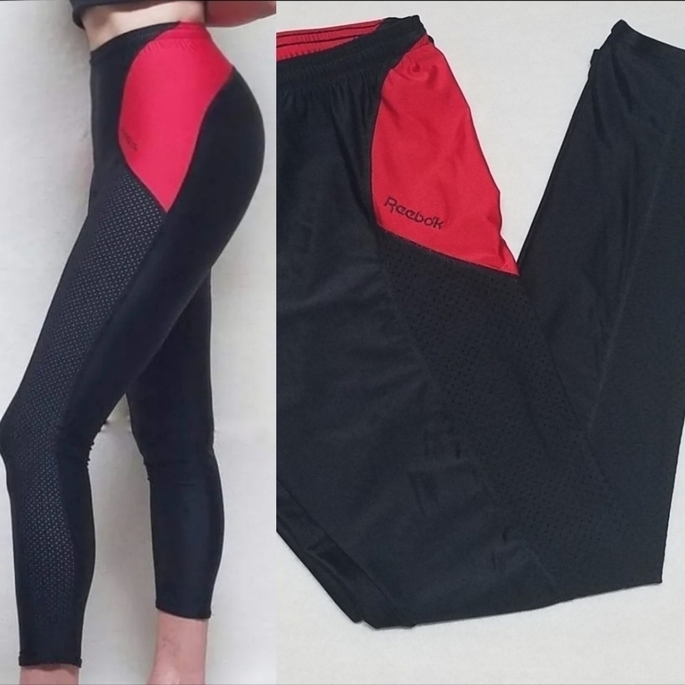 VINTAGE 80s Reebok Black Red Colorblock Sport Mesh Ankle Cropped Tights